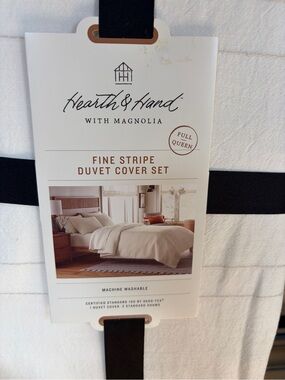 New Hearth & Hand Fine Stripe Duvet Cover Set - White with Black Trim.